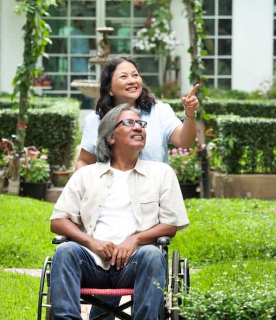 Happy old man on wheelchair — Disability Support Services in Robina, QLD
