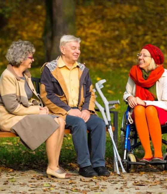 Old man and woman talking to NDIS Plan Manager on park bench